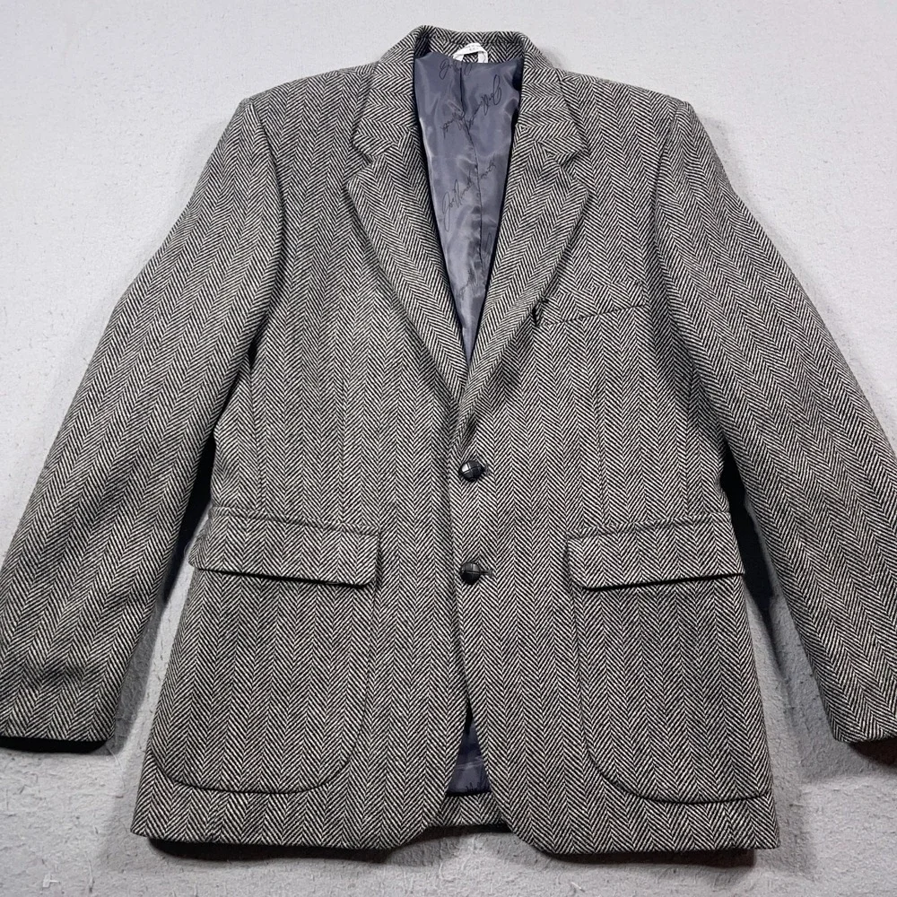 Vintage Herringbone‎ Tweed Blazer Mens 40R Gray Wool Blend Old Money Classic